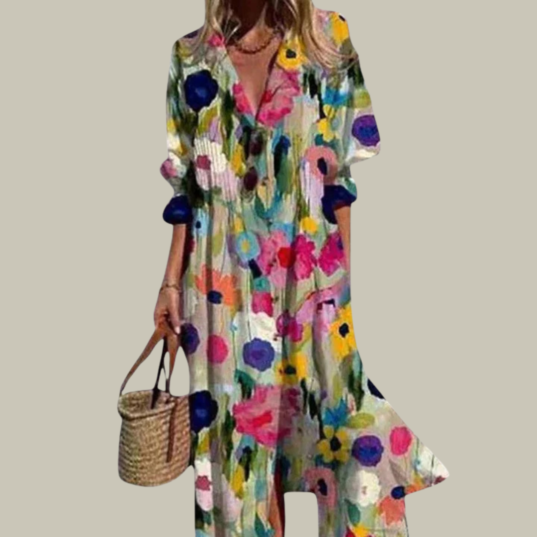 Women's Floral V-Neck Pleated Maxi Dress