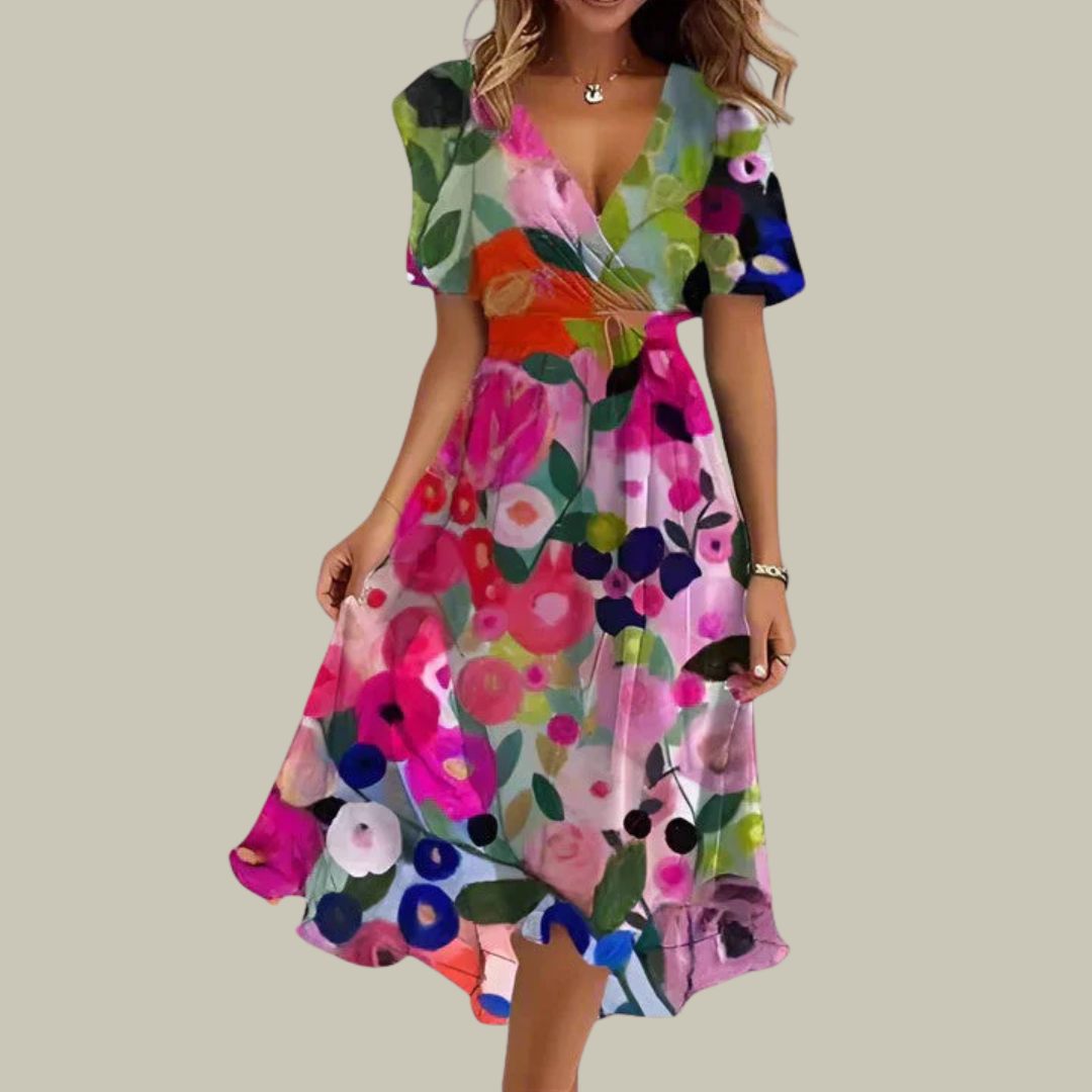 Women's Floral V-Neck Pleated Maxi Dress