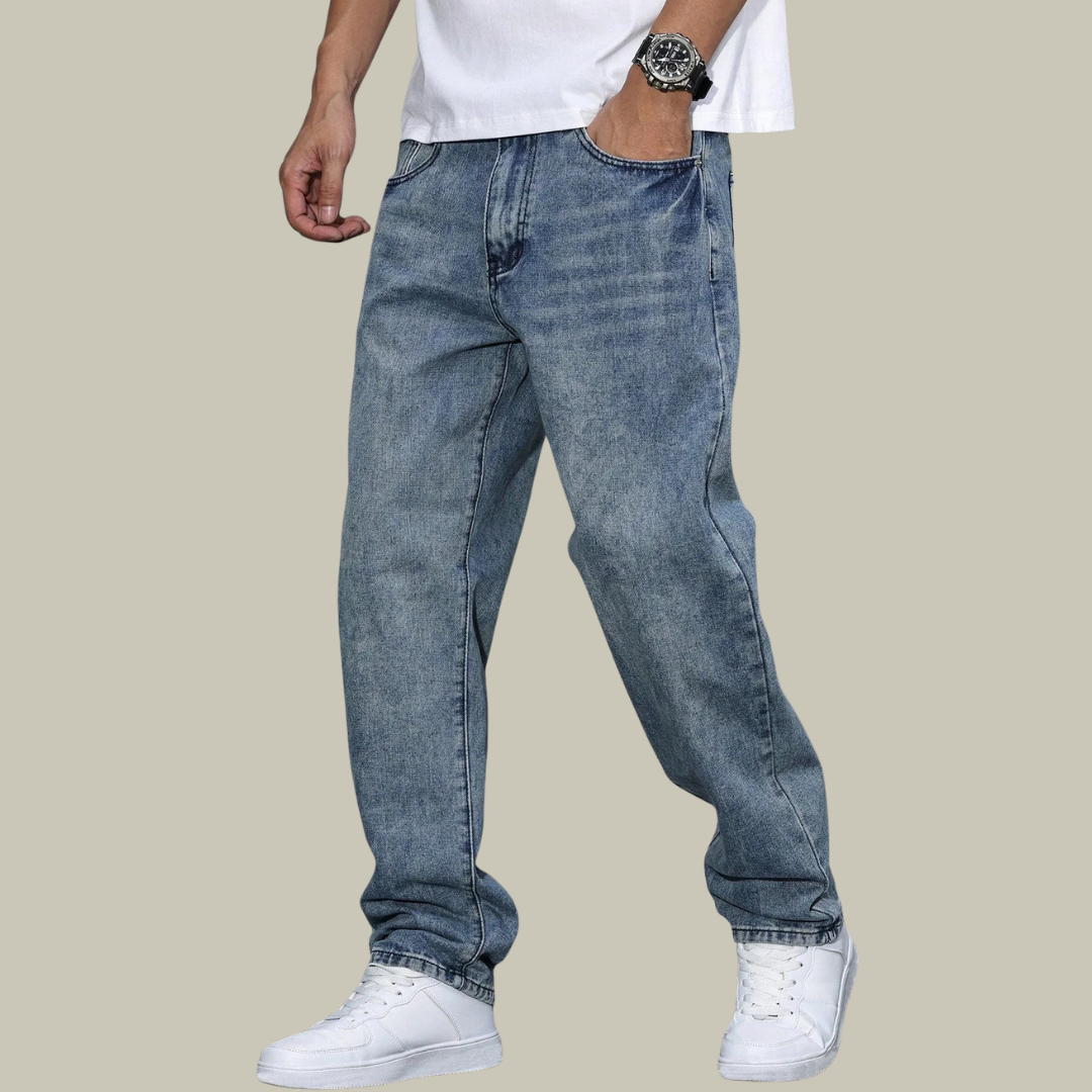 Men's Relaxed Fit Washed Denim Jeans - Vintage Straight Leg Pants