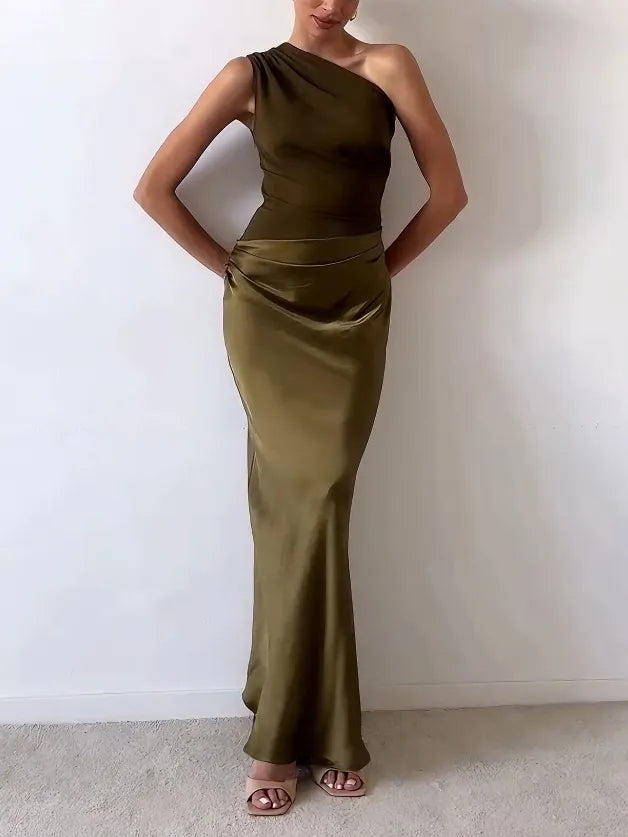 Anita™ | Elegant One Shoulder Neck Pleated Party Maxi Dress 7