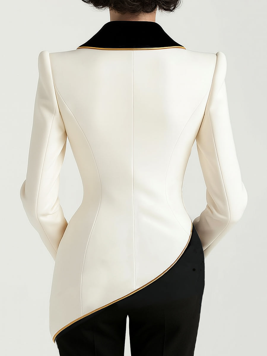 Elegant Asymmetrical White Blazer with Black Contrast Lapels 4