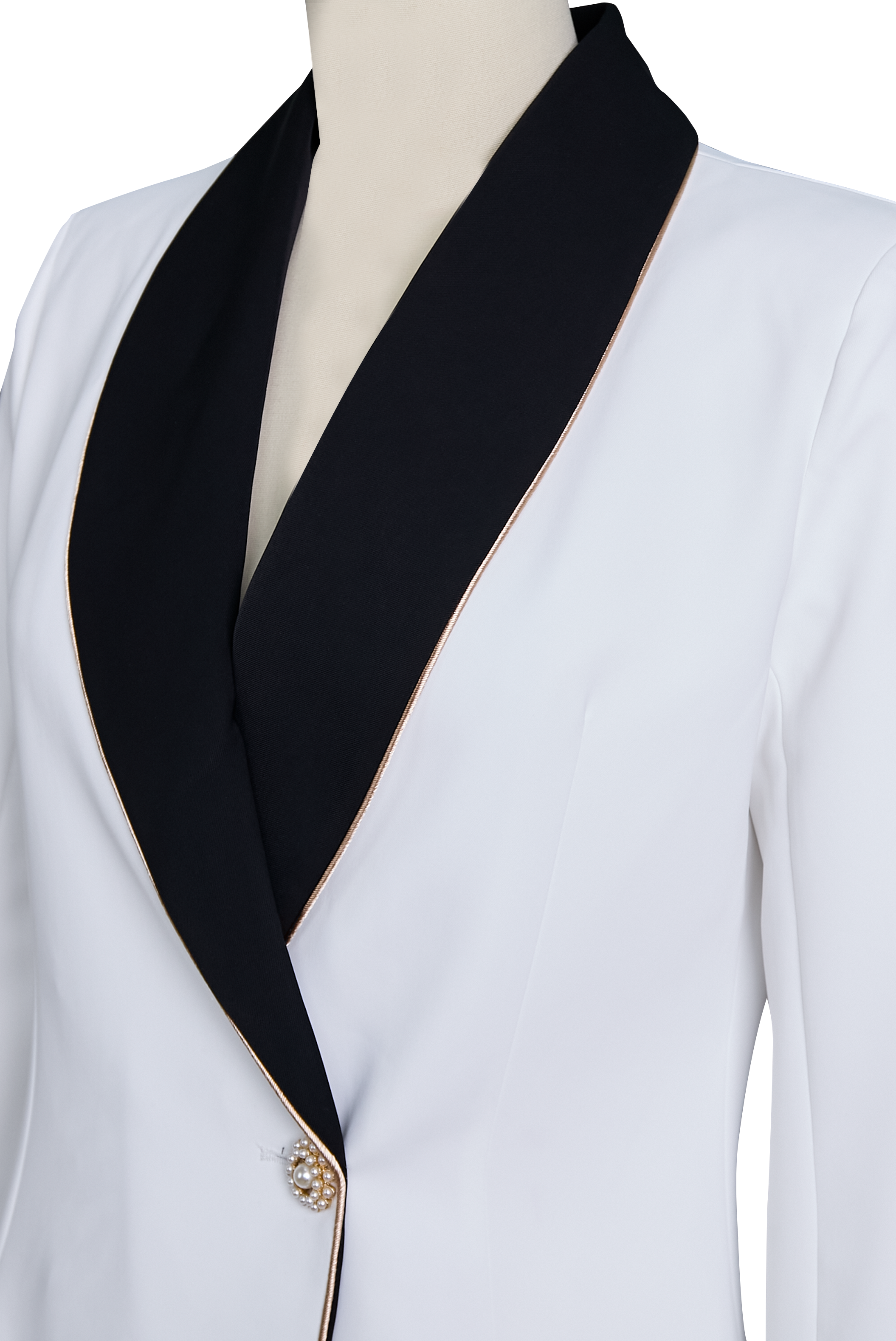 Elegant Asymmetrical White Blazer with Black Contrast Lapels 7