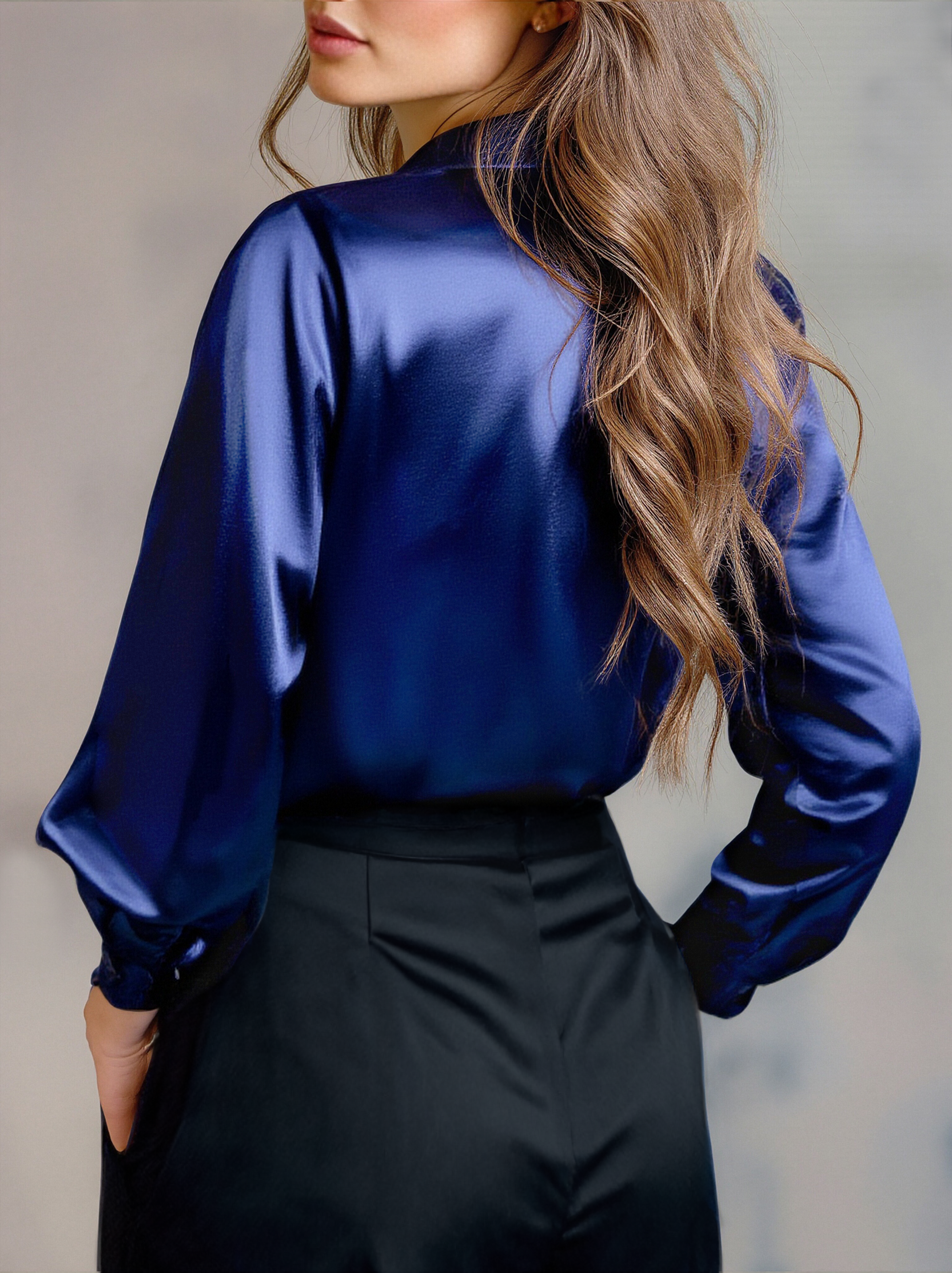 Elegant Black Satin Long Sleeves Blouse 4