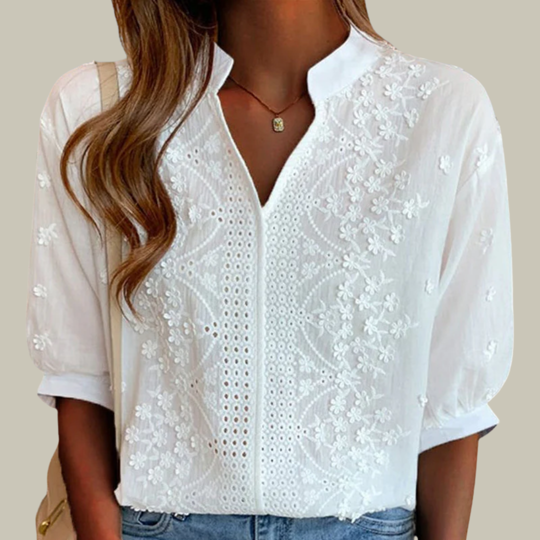 Women's Floral Embroidered V-Neck Shirt