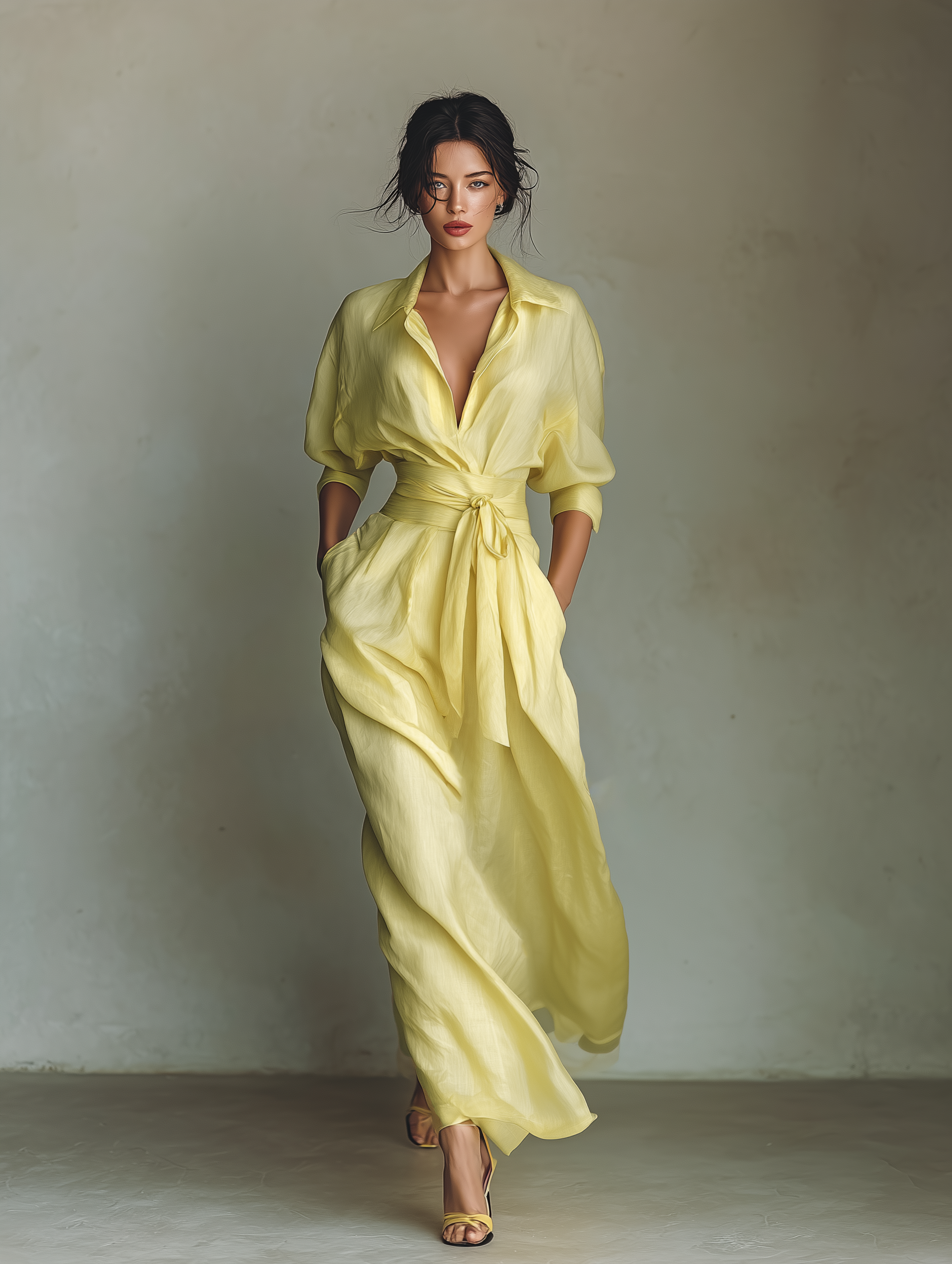 Maxi Shirt Dress for Women in Lemon Yellow with a Tie Belt & Three-Quarter Sleeves 1