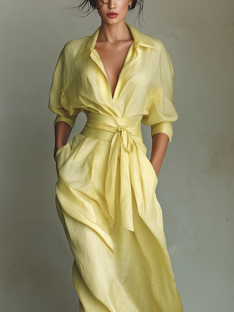 Maxi Shirt Dress for Women in Lemon Yellow with a Tie Belt & Three-Quarter Sleeves 2