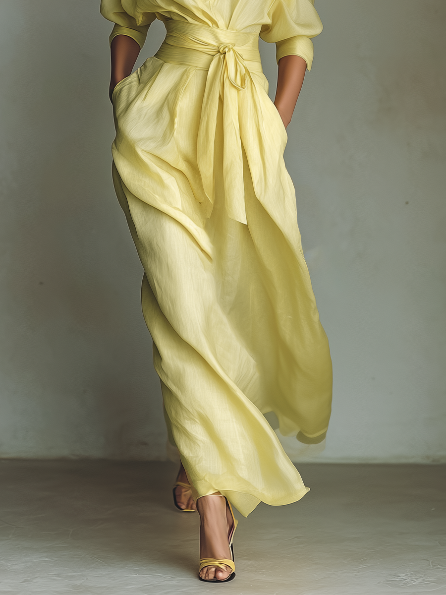 Maxi Shirt Dress for Women in Lemon Yellow with a Tie Belt & Three-Quarter Sleeves 3