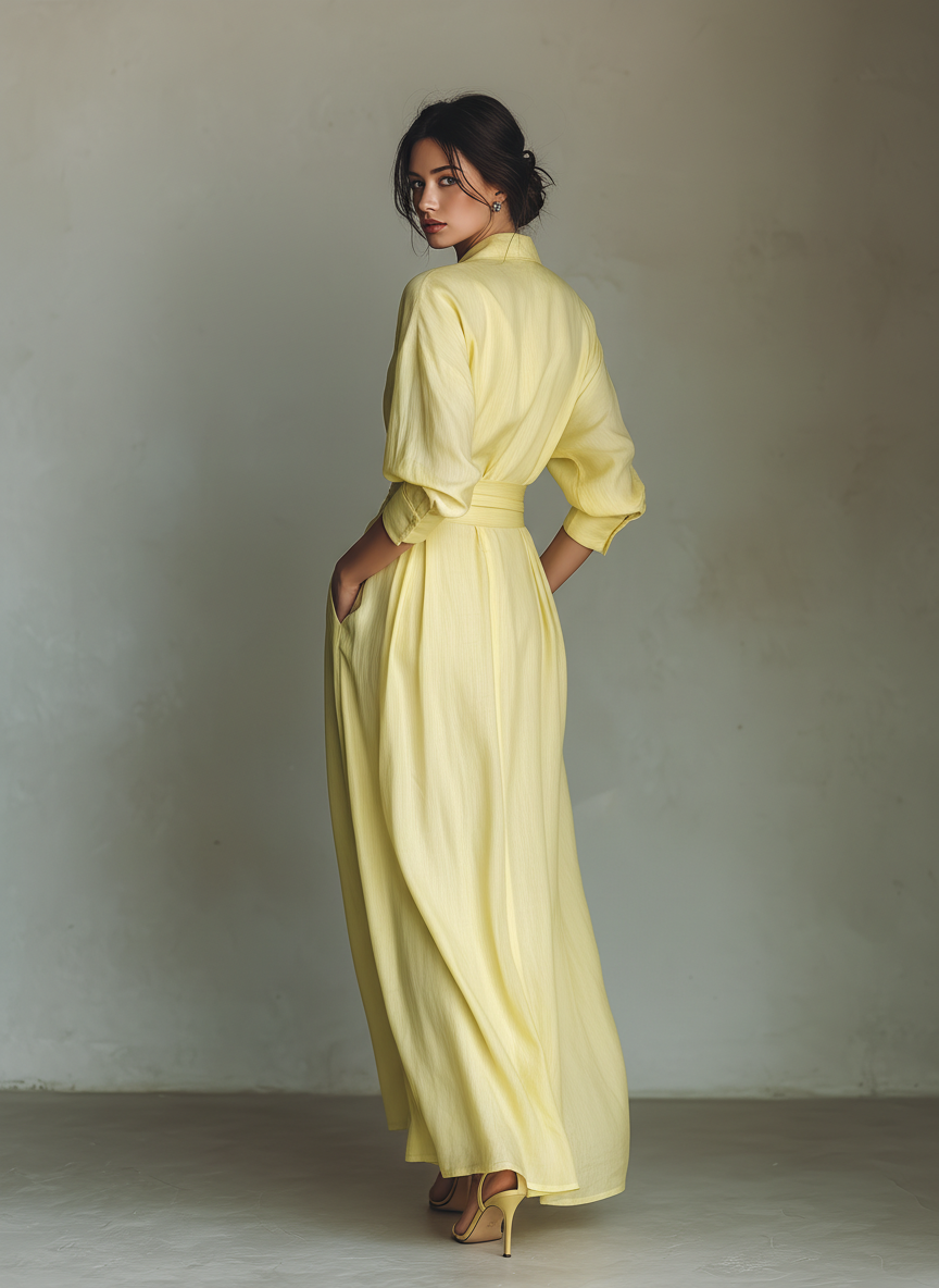 Maxi Shirt Dress for Women in Lemon Yellow with a Tie Belt & Three-Quarter Sleeves 4