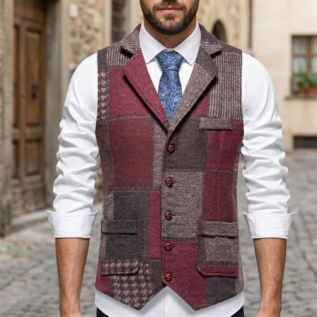 Men’s Patchwork Tweed Vest Vintage Style Tailored Waistcoat 4