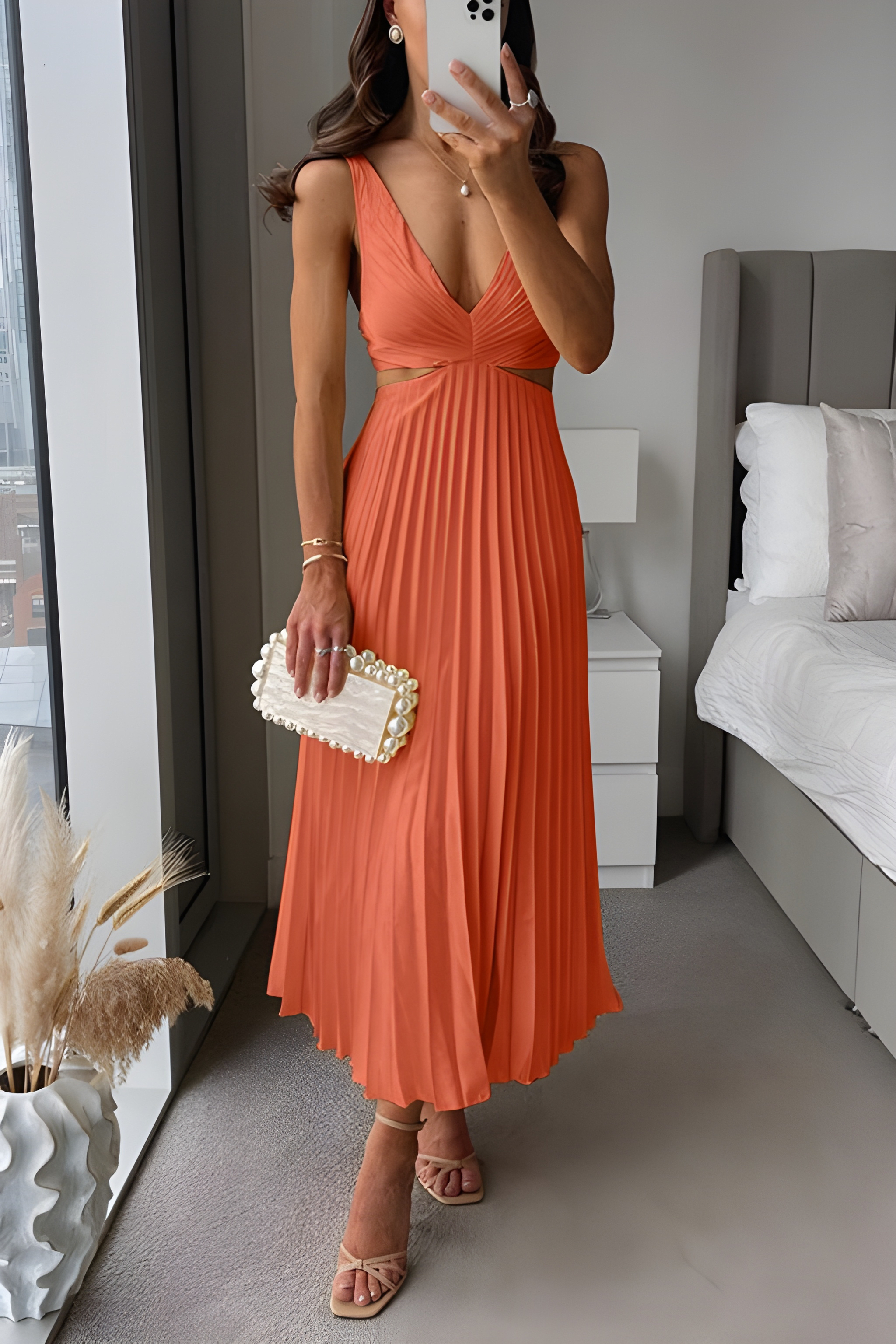 Midi Dress Women - Cut Out Pleated Skirt Deep V | Summer 5