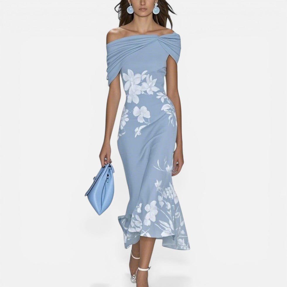 Off Shoulder Floral Midi Dress with Fitted Silhouette 2