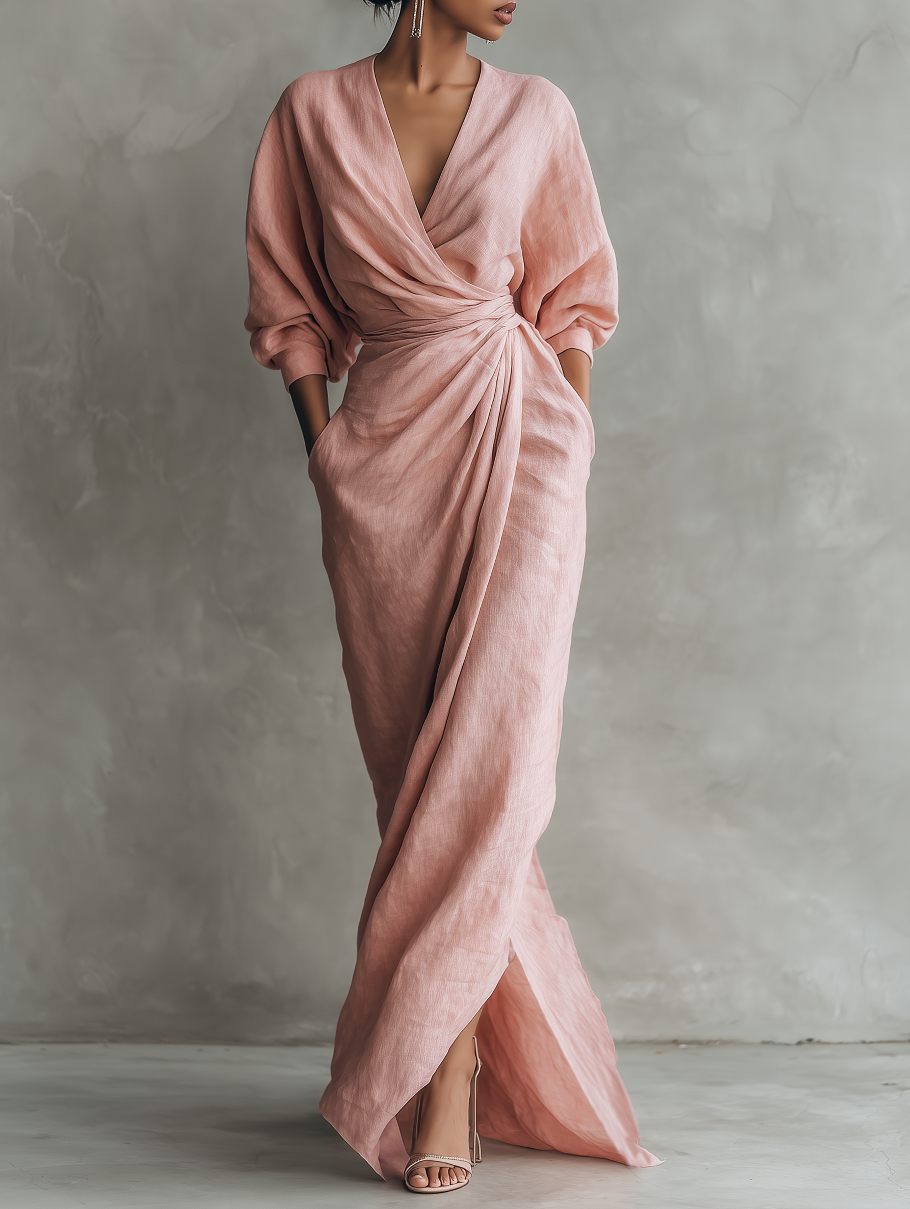 Pink Minimalist Maxi Dress with V-Neck for Women 0