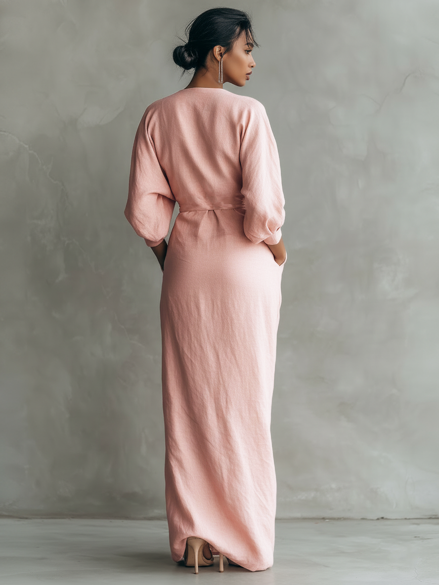 Pink Minimalist Maxi Dress with V-Neck for Women 1