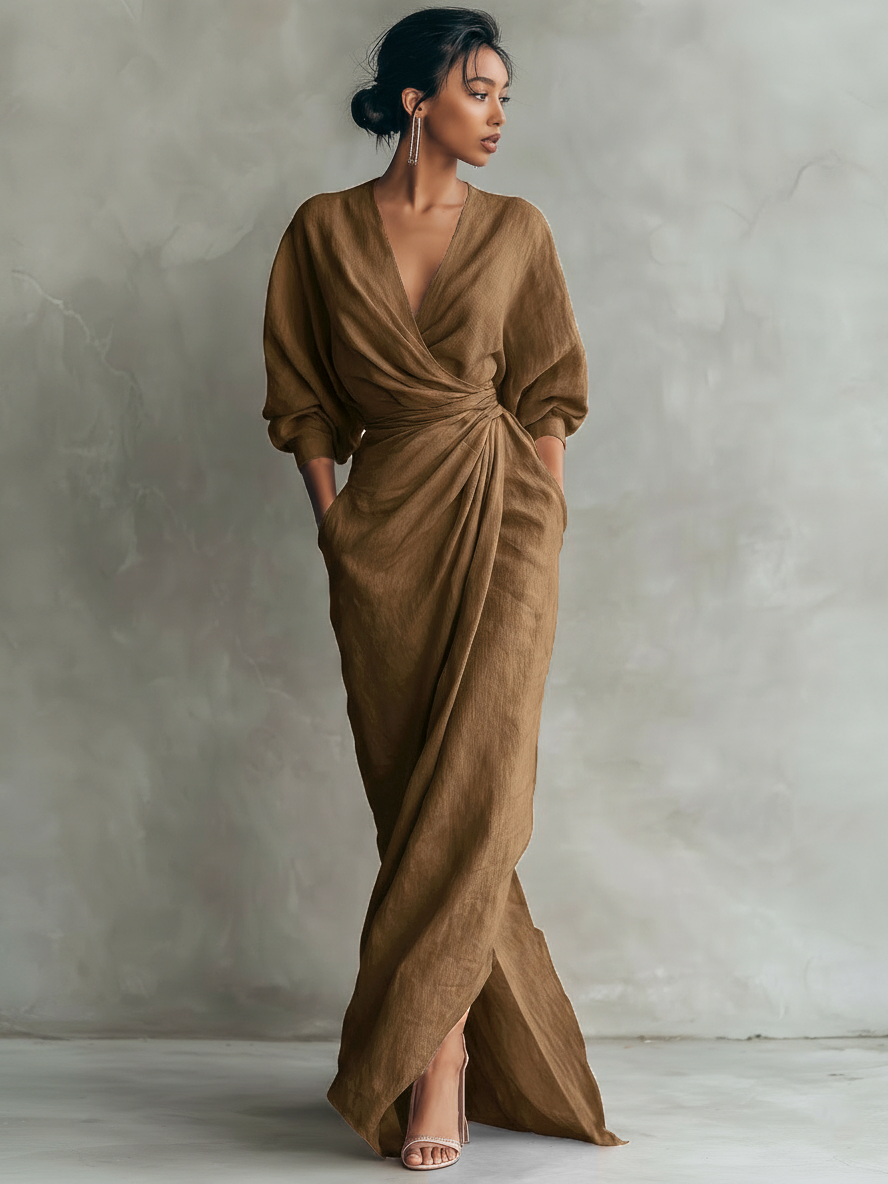 Pink Minimalist Maxi Dress with V-Neck for Women 2