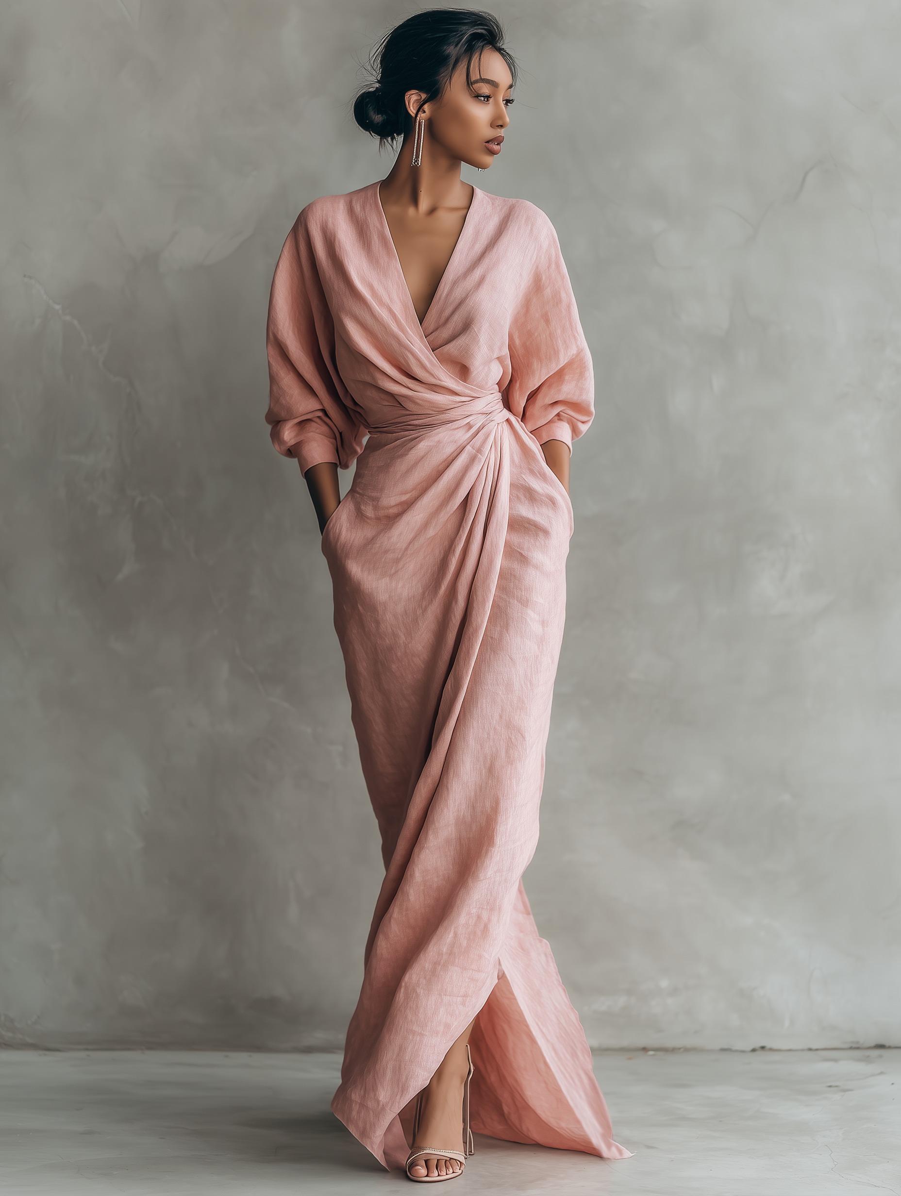 Pink Minimalist Maxi Dress with V-Neck for Women 4