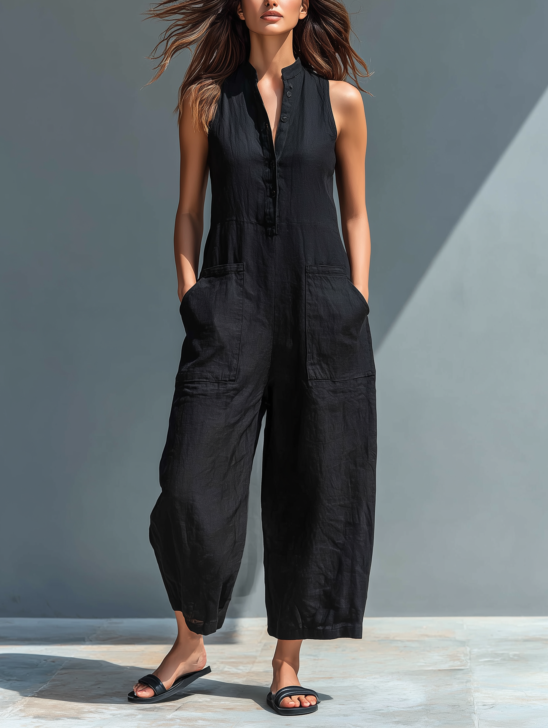 Sleeveless Minimalist Jumpsuit for Women with High Collar and Buttons 1