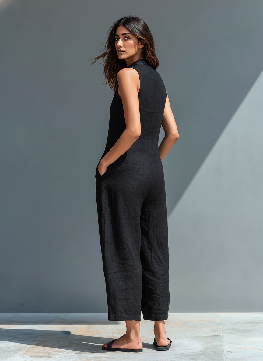 Sleeveless Minimalist Jumpsuit for Women with High Collar and Buttons 2