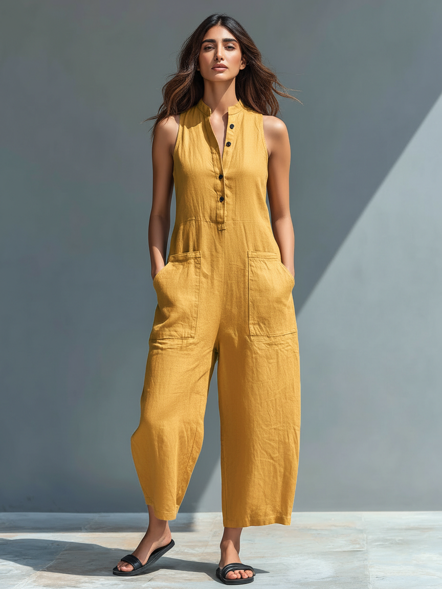 Sleeveless Minimalist Jumpsuit for Women with High Collar and Buttons 5