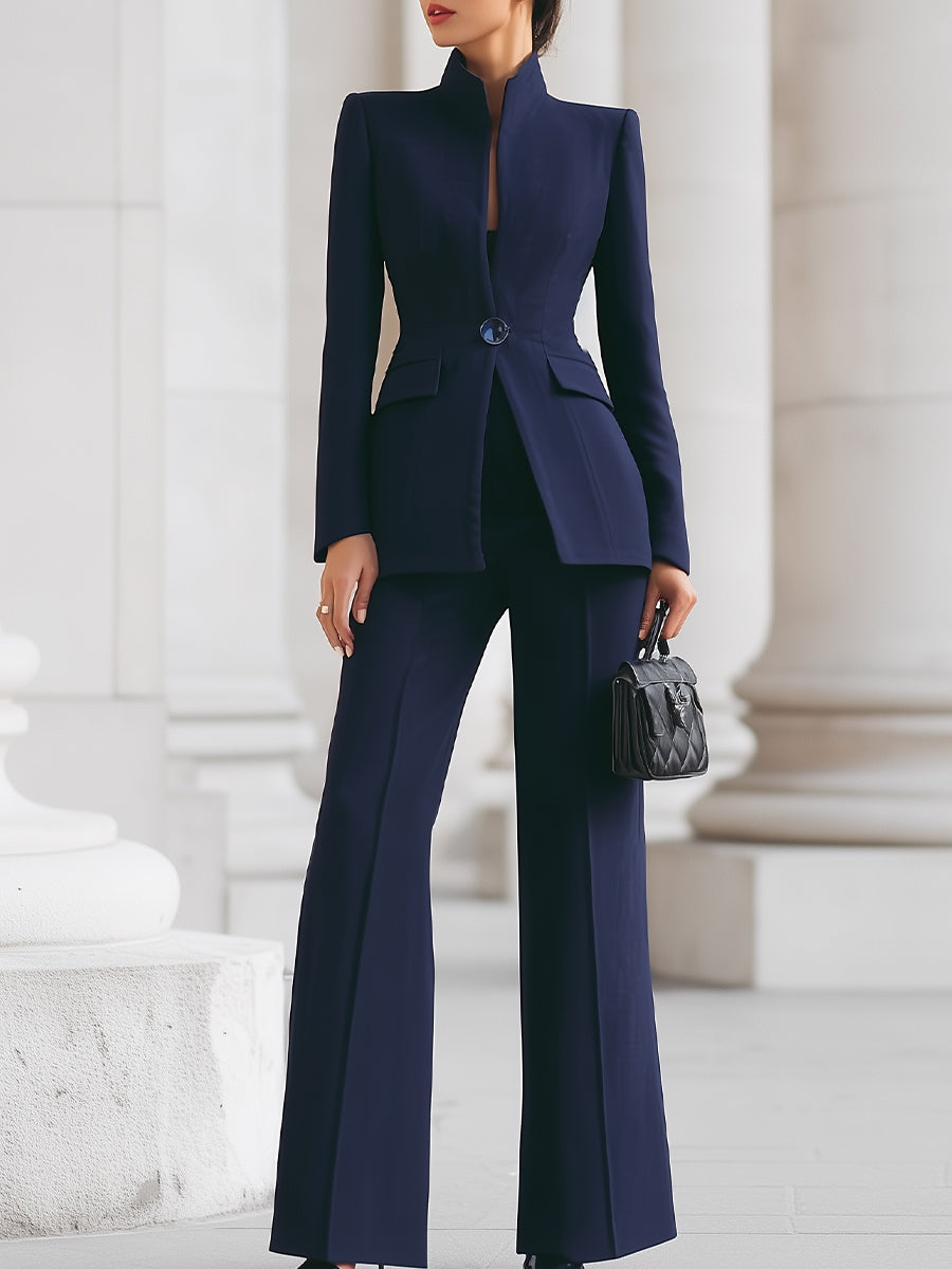 Sophisticated  High-Collar Blazer & Wide-Leg Trousers Set 0