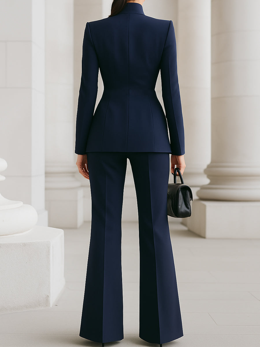 Sophisticated  High-Collar Blazer & Wide-Leg Trousers Set 3